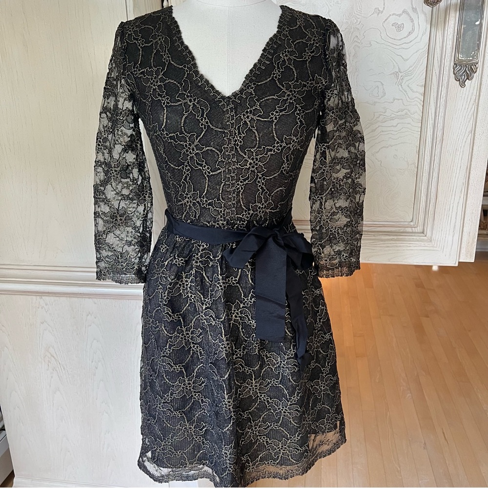 DKNY Metallic Lace Overlay V-Neck Dress With Sheer Sleeves - Picture 8 of 16